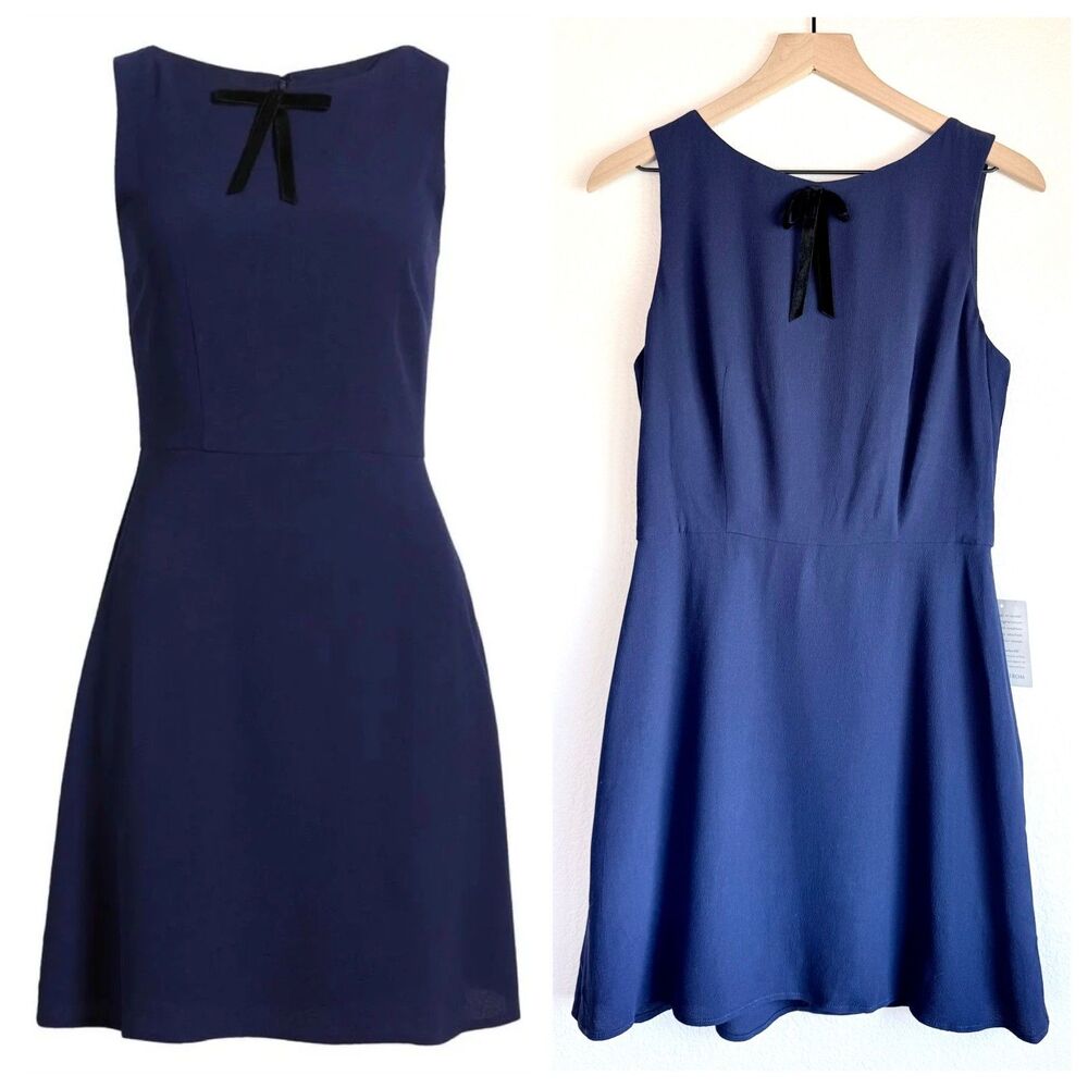 NWT Charles Henry Navy Crepe Shift Dress Velvet Bow Accent Size M Cocktail